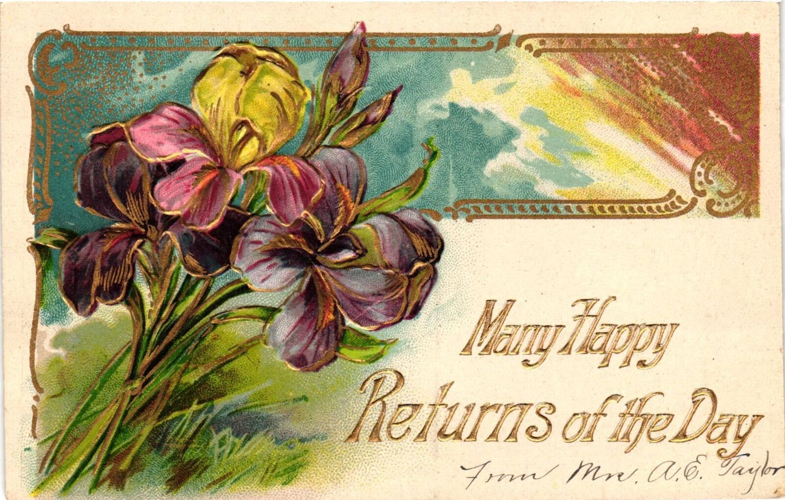 Vintage Postcard- Purple flowers, Many Happy Returns of
