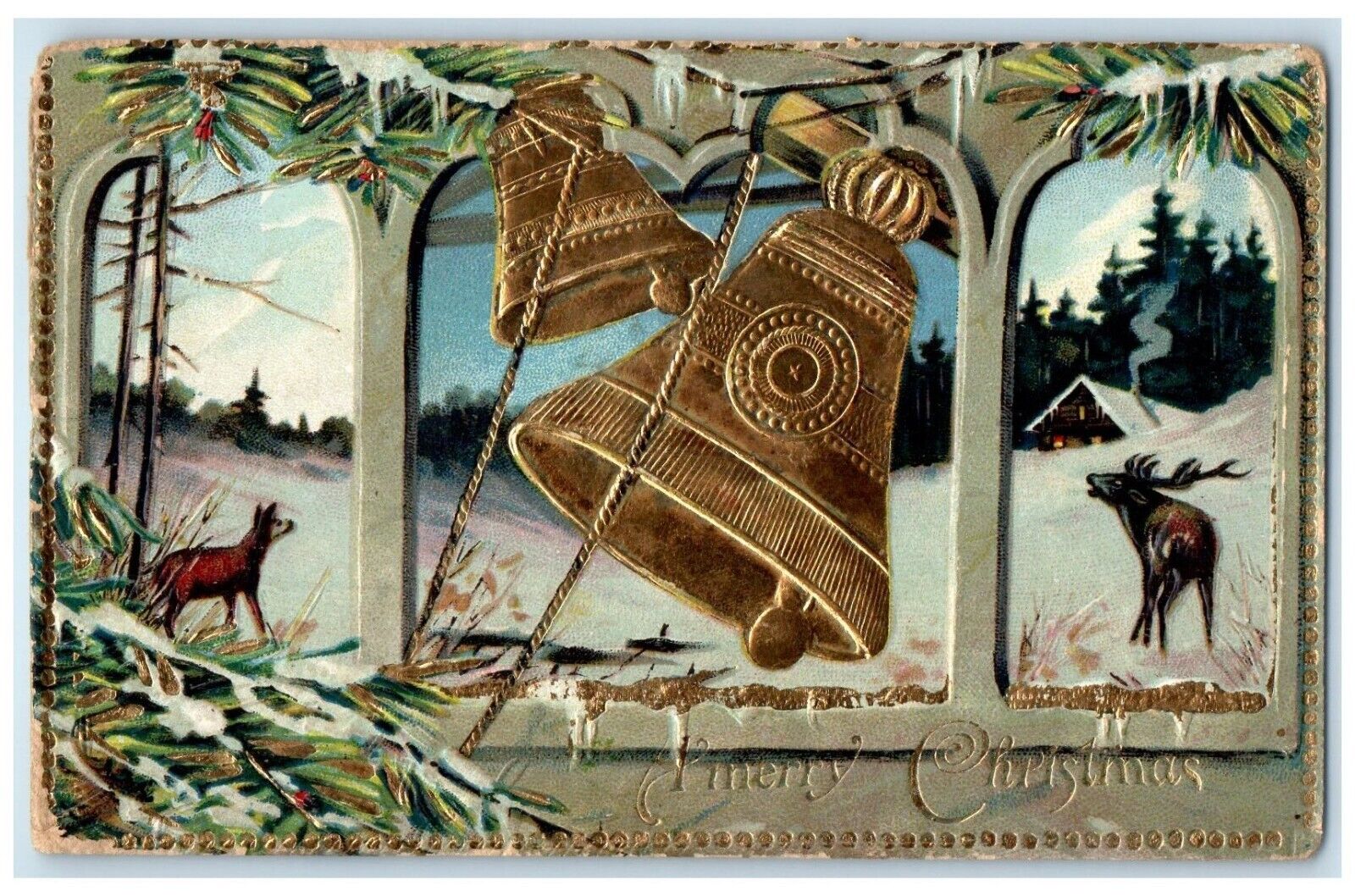 c1910's Christmas Ringing Bells Deer Pine Leaf Winter Embossed Antique Postcard