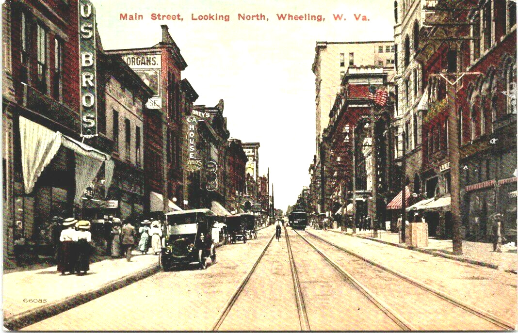 Postcard Wheeling West Virginia Main Street Looking North Showing Cars Shoppers