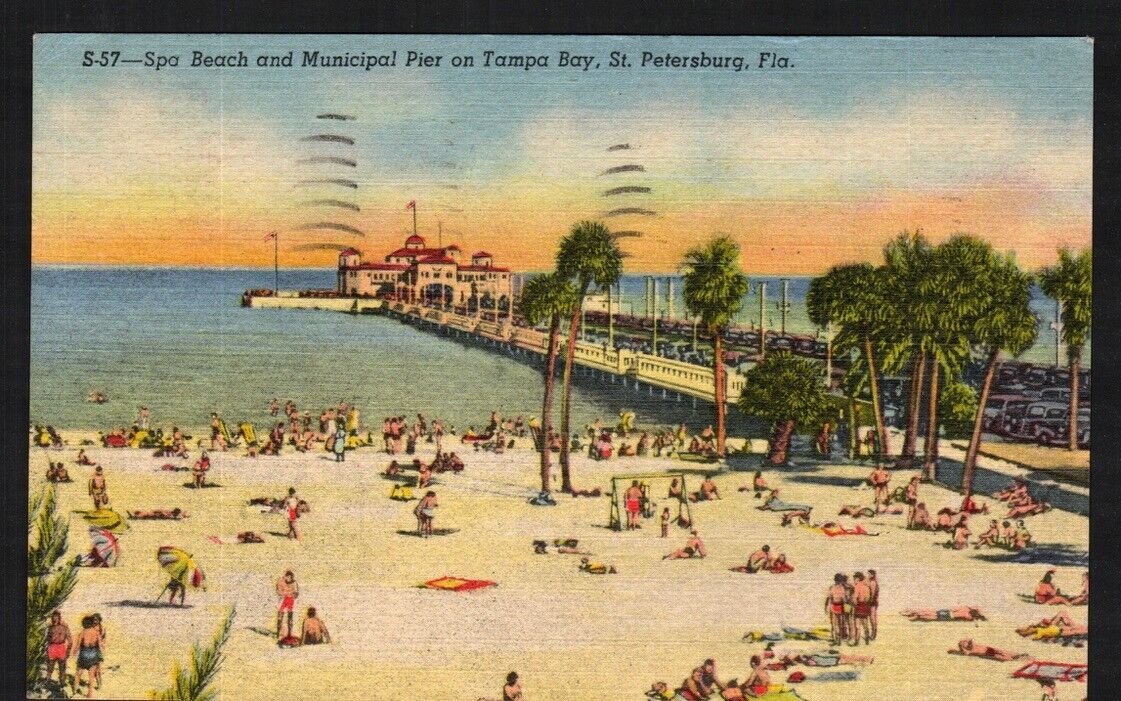 Postcard St. Petersburg FL Spa Beach and Municipal Pie Linen Posted