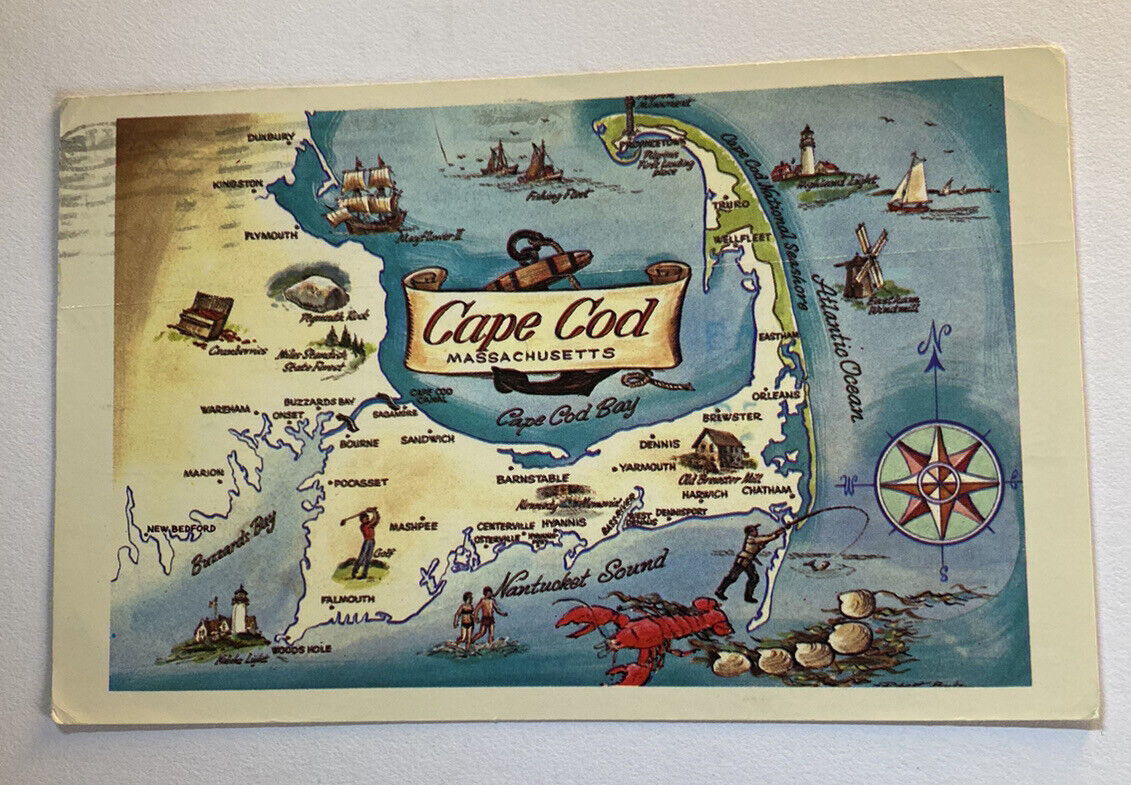 Vintage Postcard c1987~ Illustrated Map of Cape Cod Landmarks~ Massachusetts MA