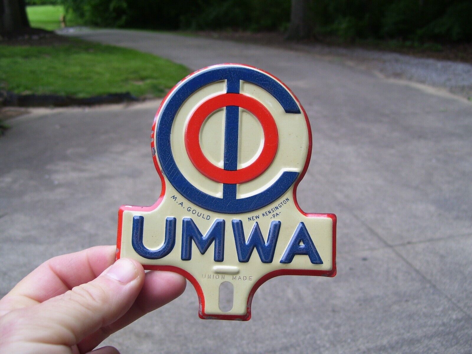 Vintage nos 50s UMWA Union labor Coal Miner License plate topper Sign Auto car