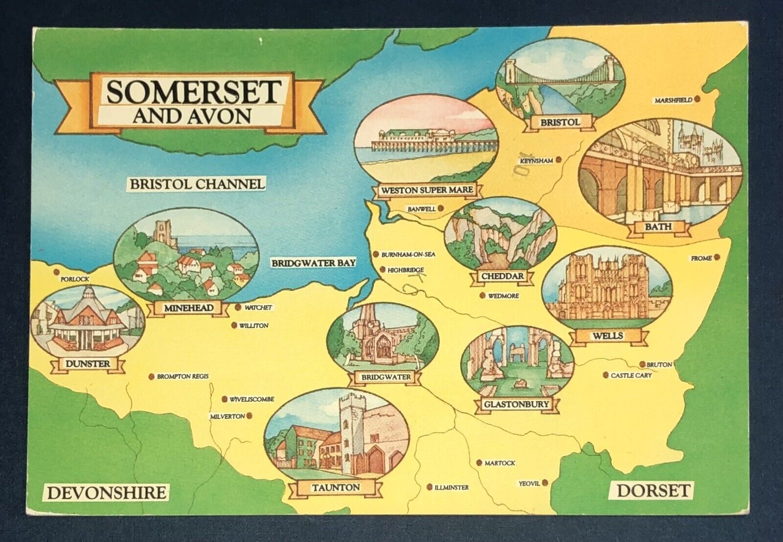 Postcard Pictorial Map Somerset and Avon Great Britain England Cities Landmarks