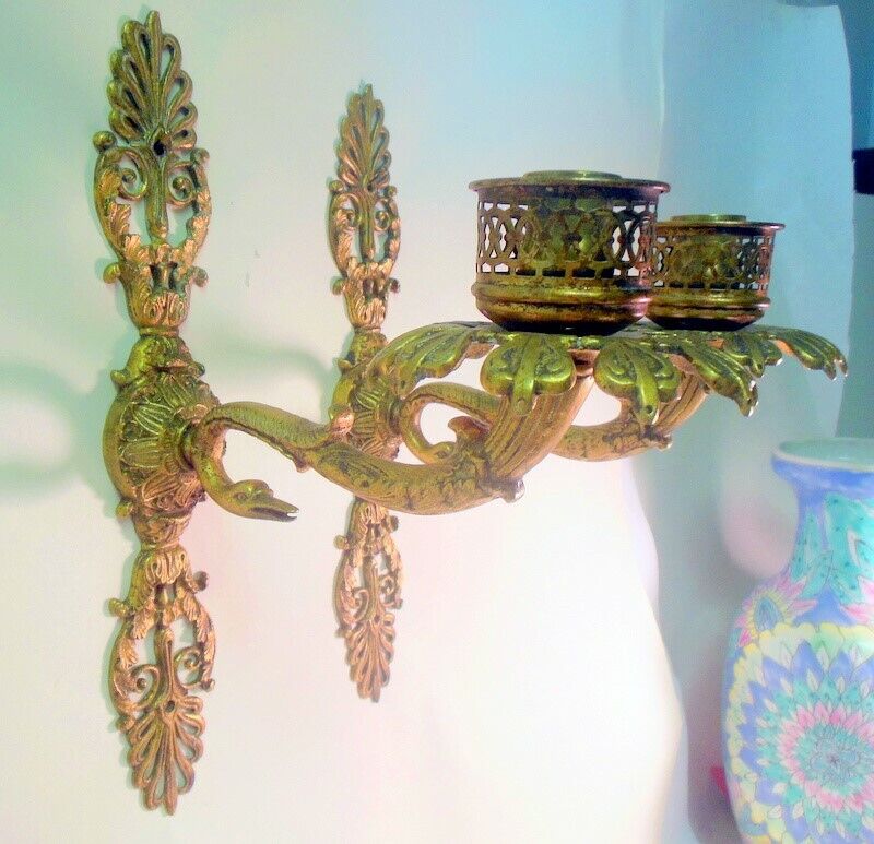 Rare Signed Pr Antique Bronze SCONCES SWANS Palmette Empire Regency Candleholder