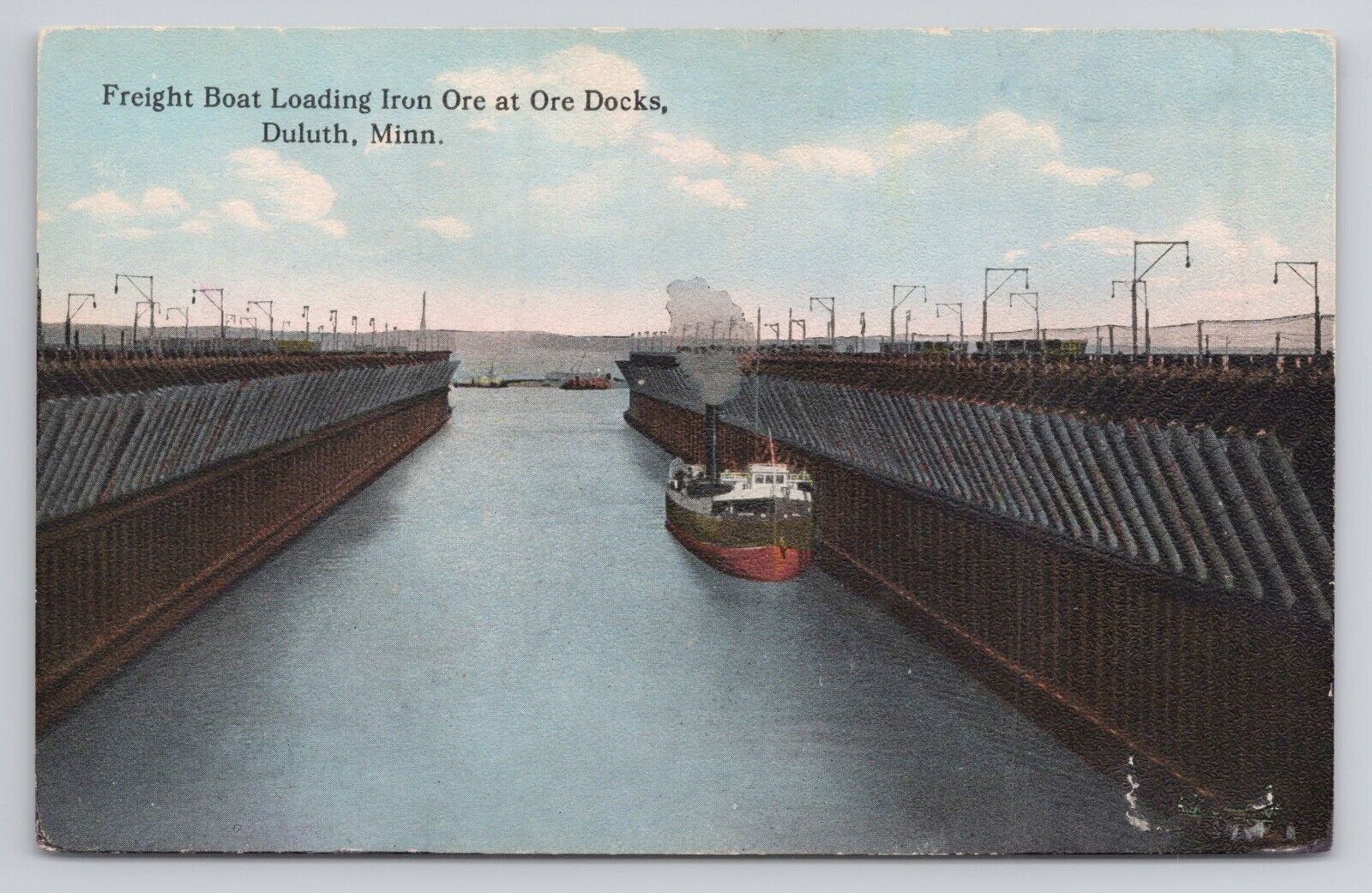 Postcard Freight Boat Loading Iron Ore At Ore Docks Duluth Minnesota