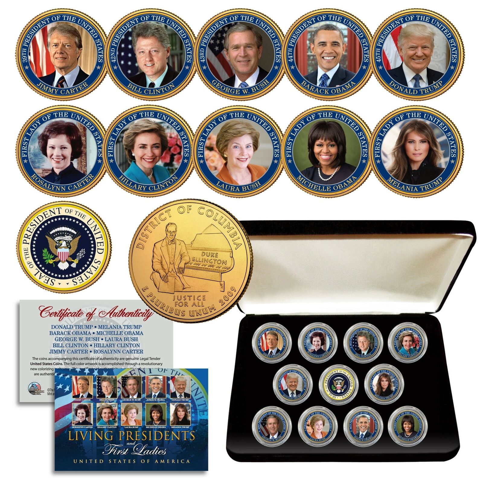 LIVING PRESIDENTS and FIRST LADIES D.C. Quarters 24K Gold Plated 11-Coin Set BOX
