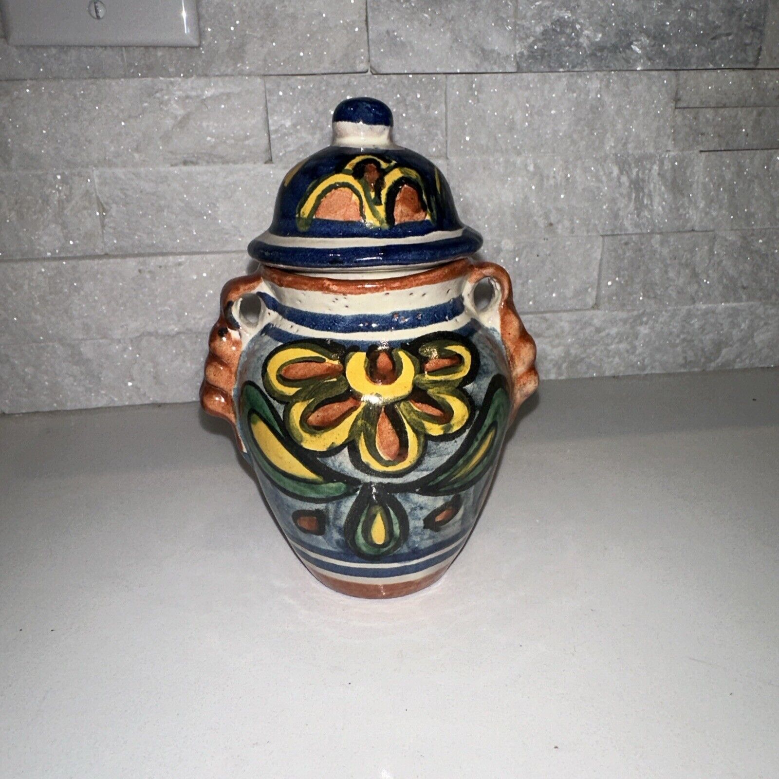 Vintage Hand Painted Mexican Pottery Lidded Jar Blue Orange Yellow Green