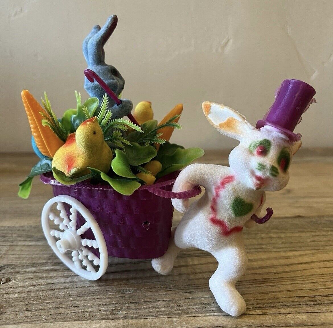 Vintage Flocked Easter Bunny Pulling Cart Rare