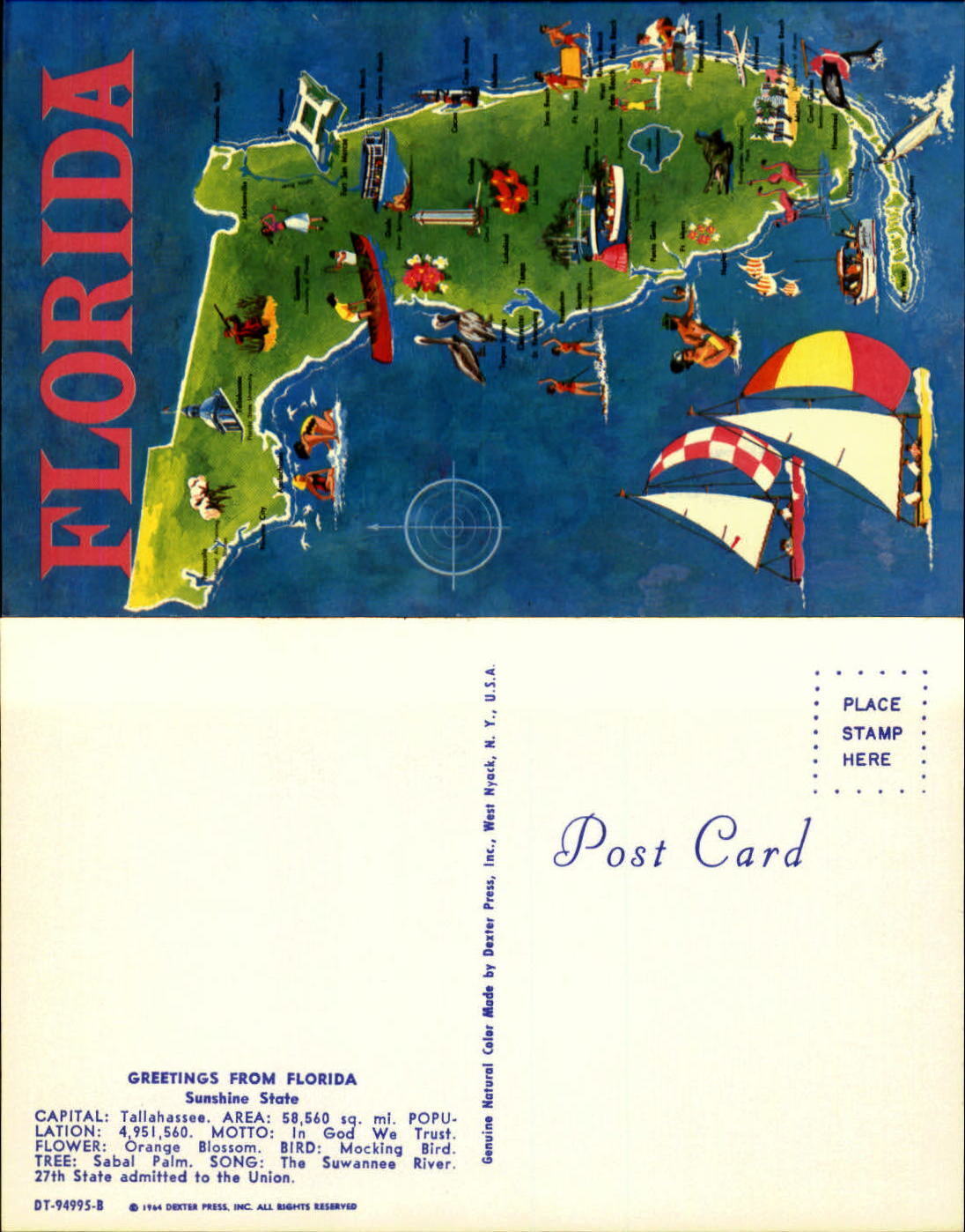 Greetings from Florida map sailboats unused