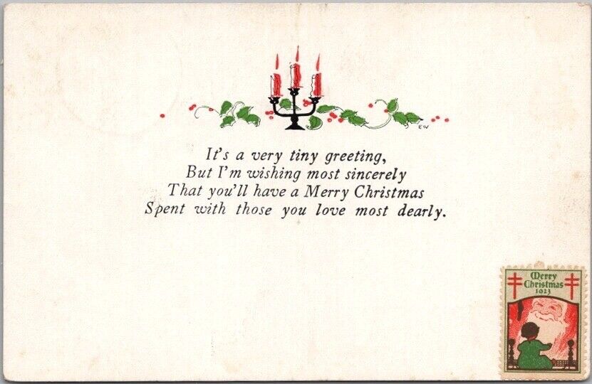 Vintage 1923 MERRY CHRISTMAS Greetings Postcard Candles / 1923 XMAS SEAL STAMP