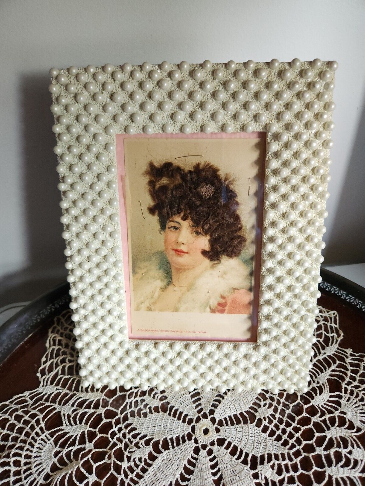 Circa 1900s Victorian POSTCARD REAL HAIR  WOMAN New PEARL FRAME  Cottage Chic