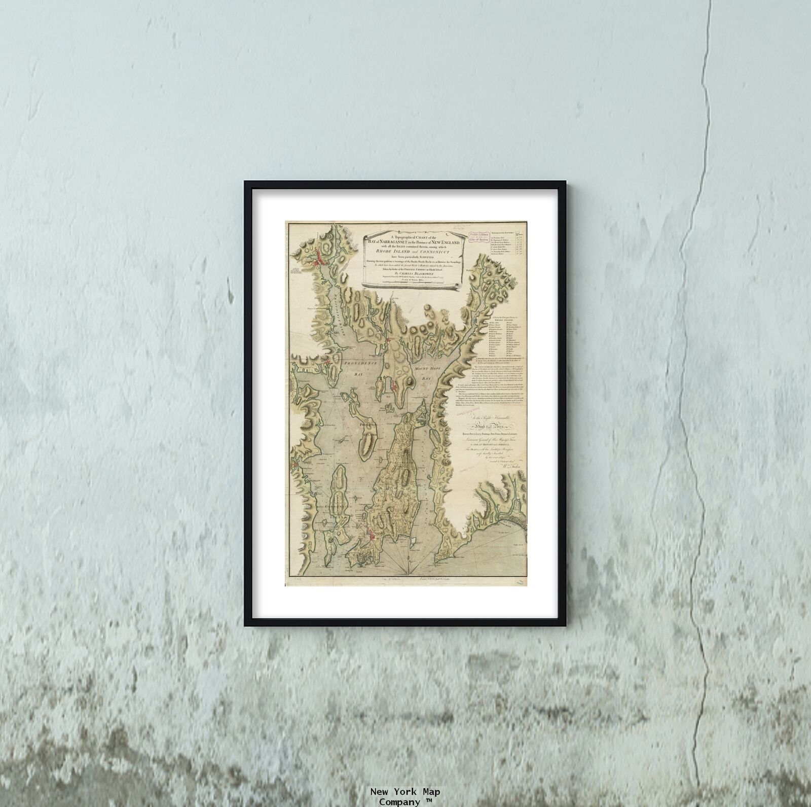 1777 Map of Rhode Island | Bristol | Narragansett Bay | Topographical Chart | Rh