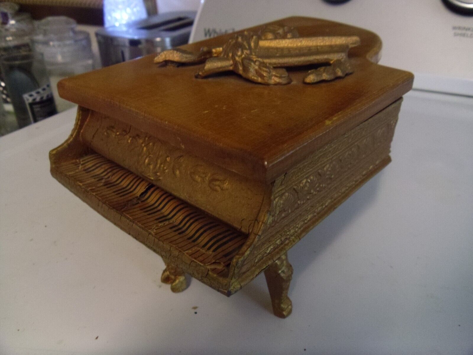 Antique mechanical music box spelter grand piano jewelry box Spanish eyes LISTEN