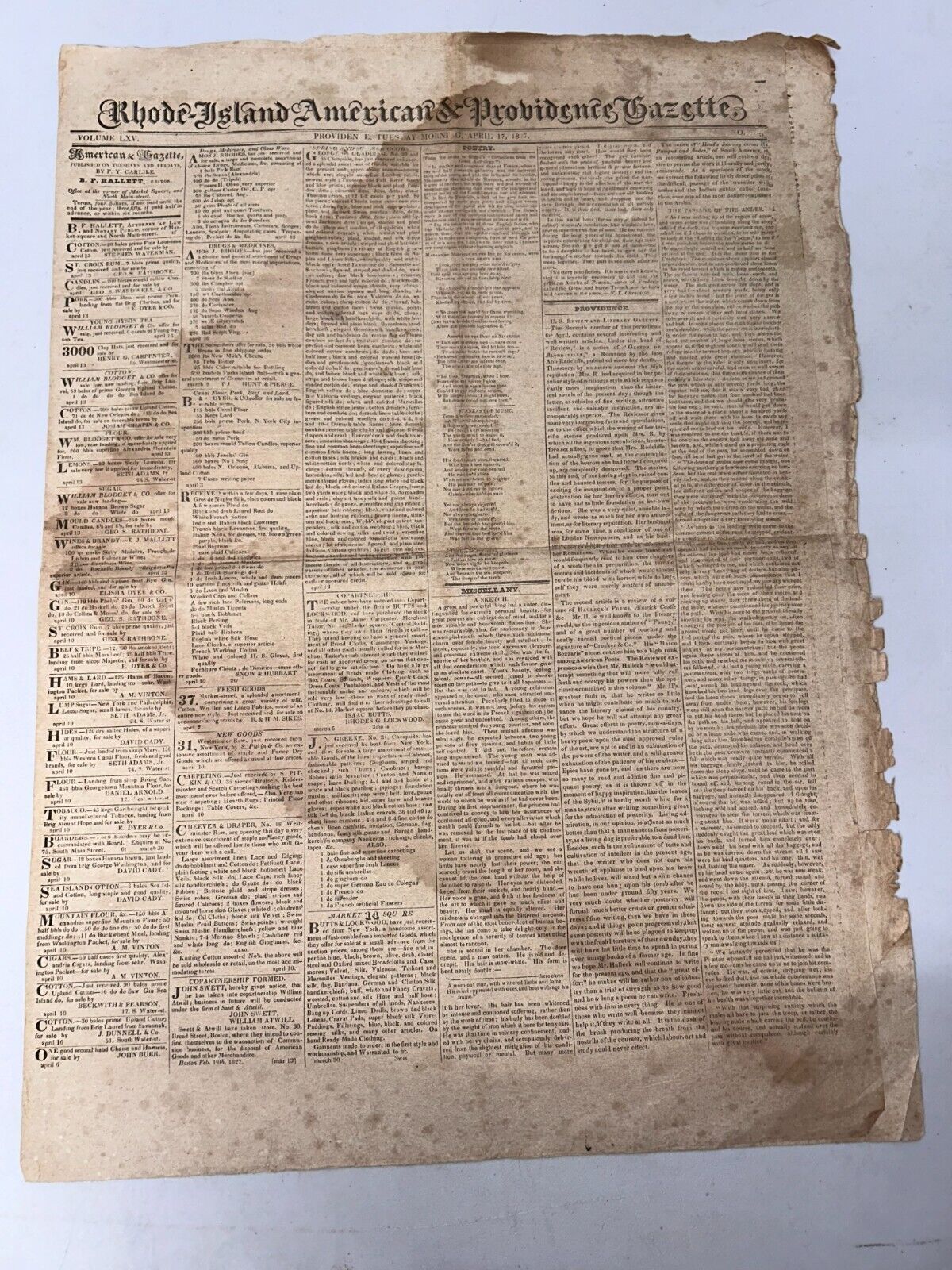 Rhode-Island American & Providence Gazette April 17, 1827 Vol.  LXV No. 57