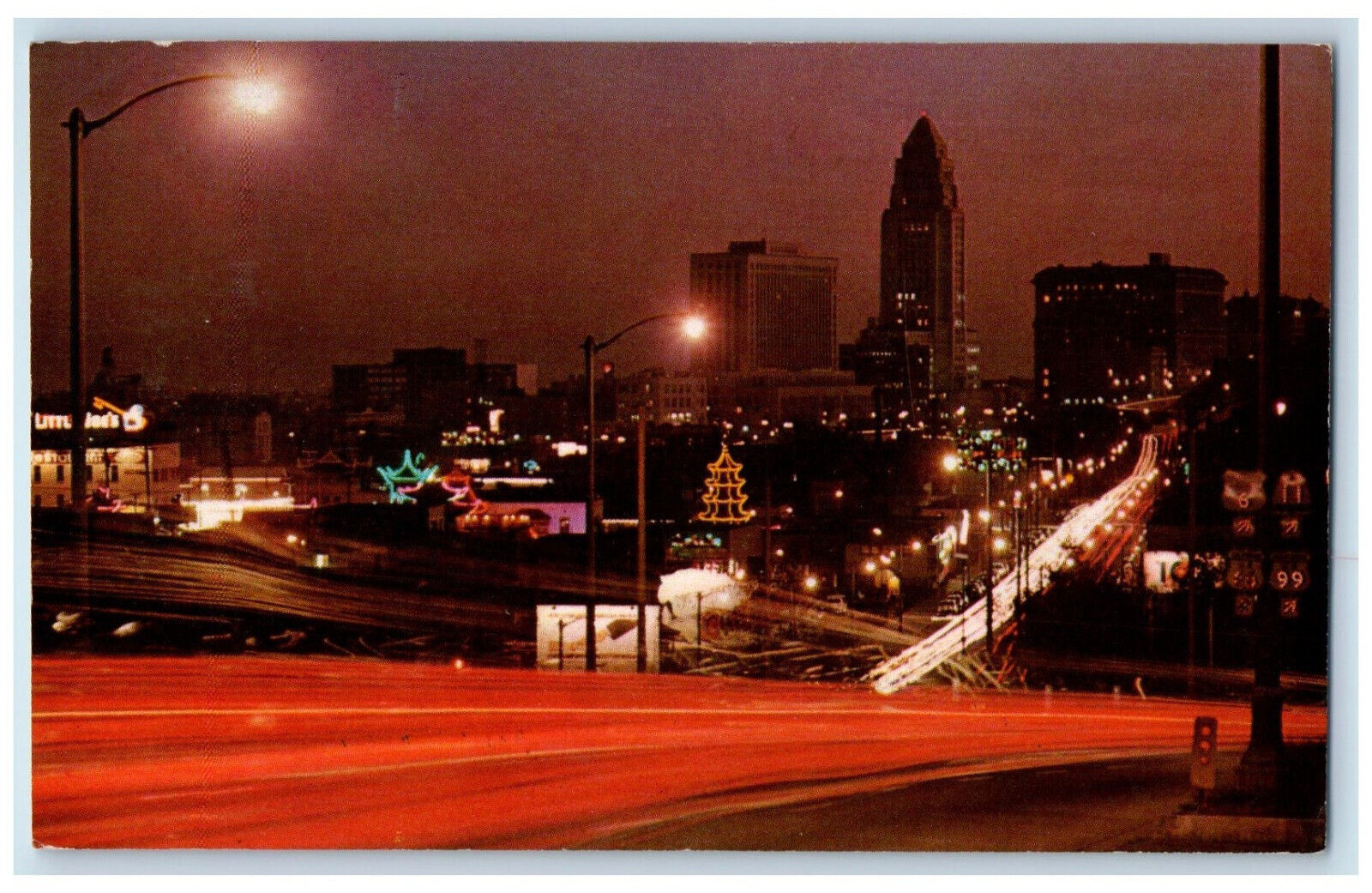 1962 Night Scene From Arroyo-seco Freeway Los Angeles Civic Center CA Postcard