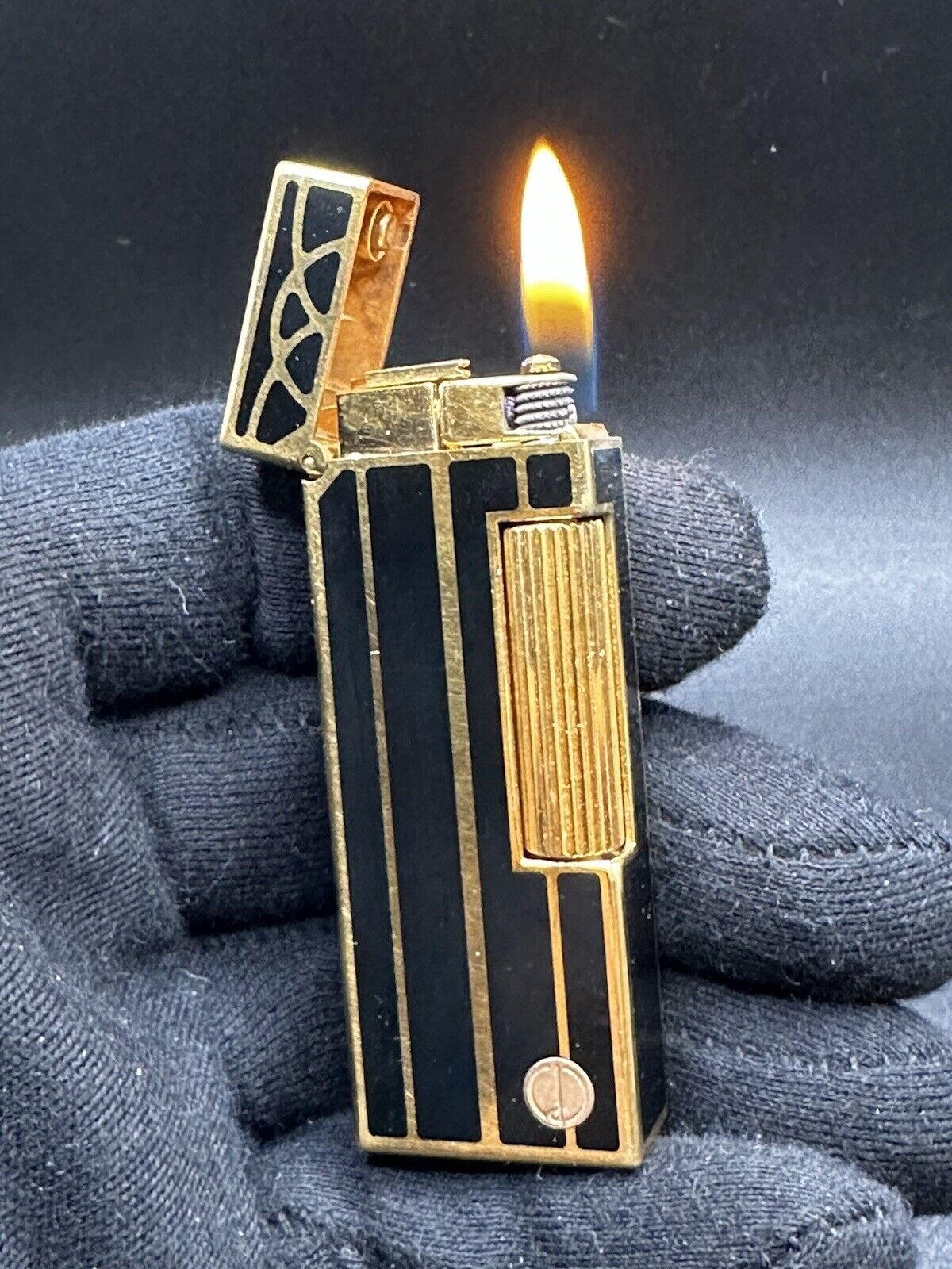 Art Deco Dunhill Rollagas Lighter Gold Plated With Black Enemal Pattern