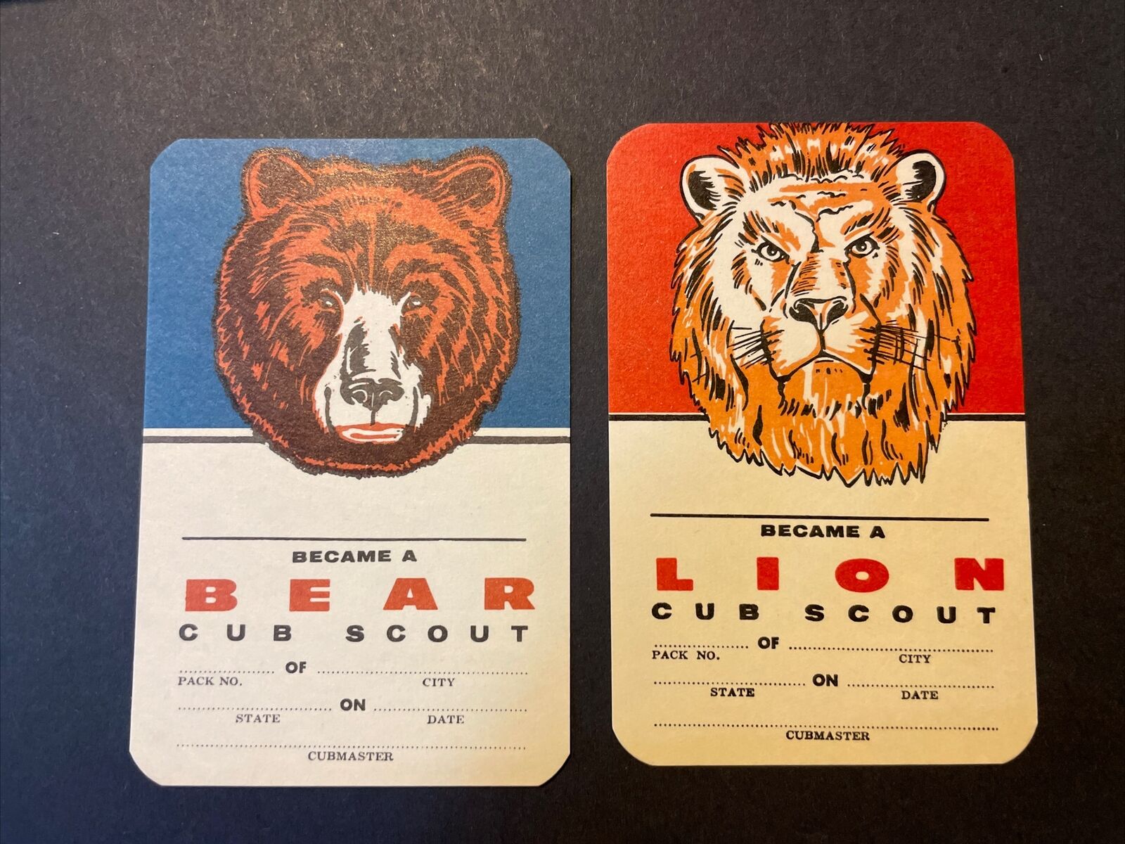 BSA Cub Scouts Vintage Bear(1967) & Lion(1966) Rank Cards Unused