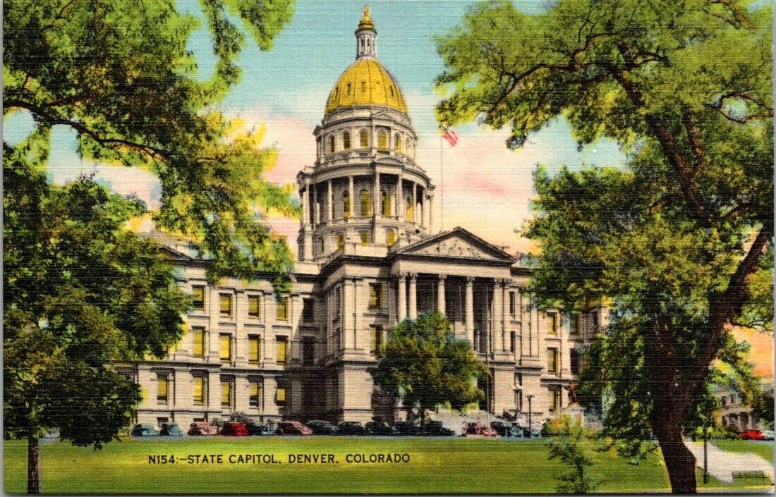 RARE Denver CO Colorado State Capitol Building Through Trees Vintage Postcard