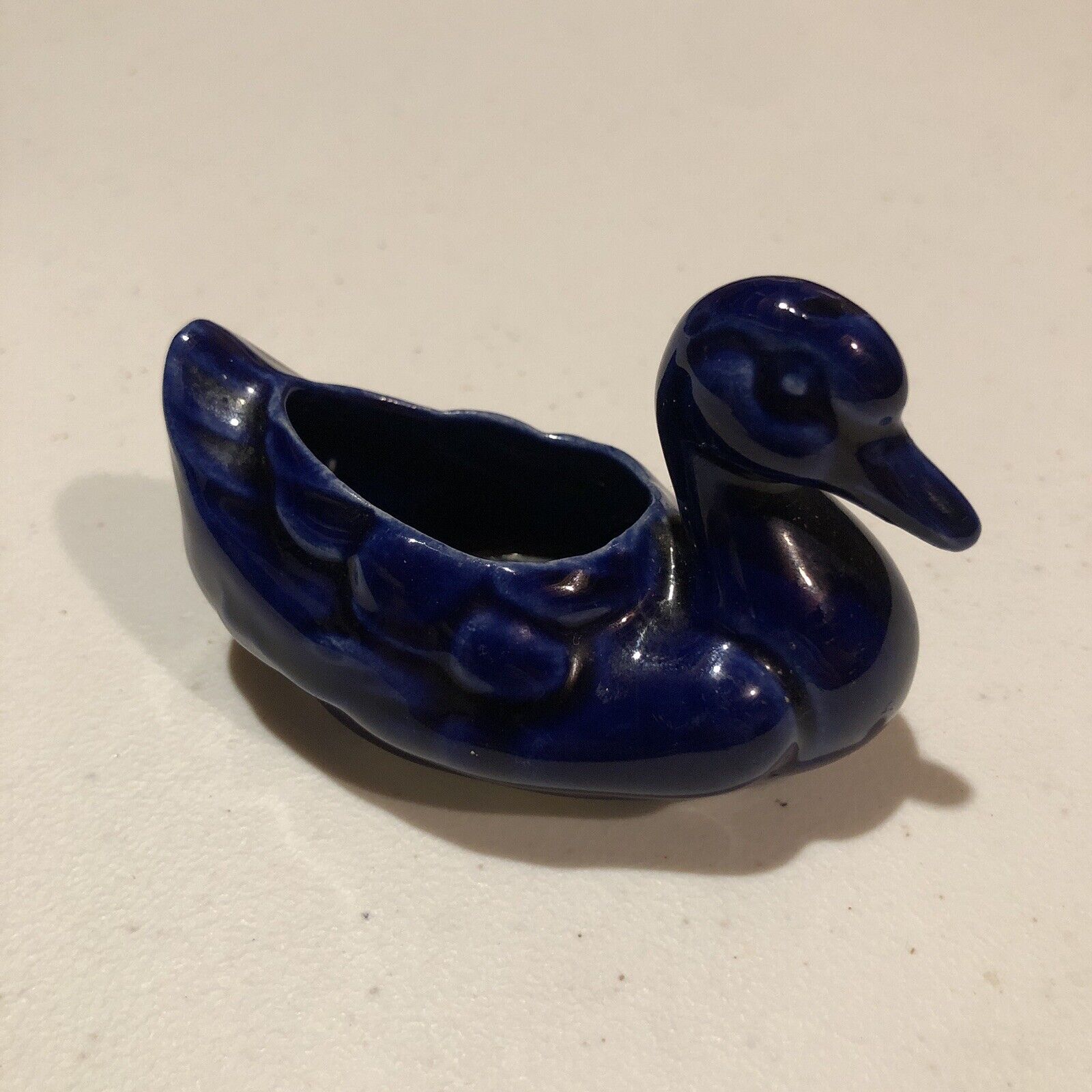 Vintage 1950s Ohio Pottery Lepere Zanesville USA Dark Blue Glaze Planter Duck