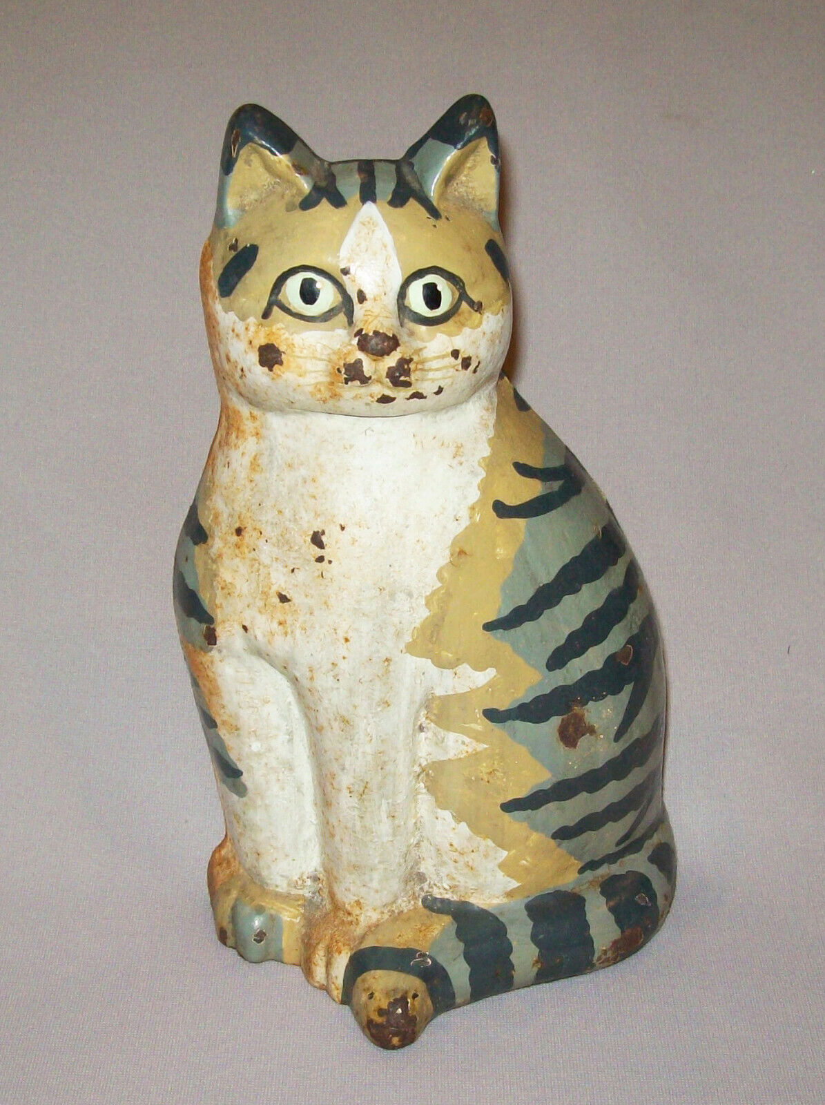 Old Vtg Cast Iron Striped Cat Doorstop Very Folky Paint Great Look and Surface