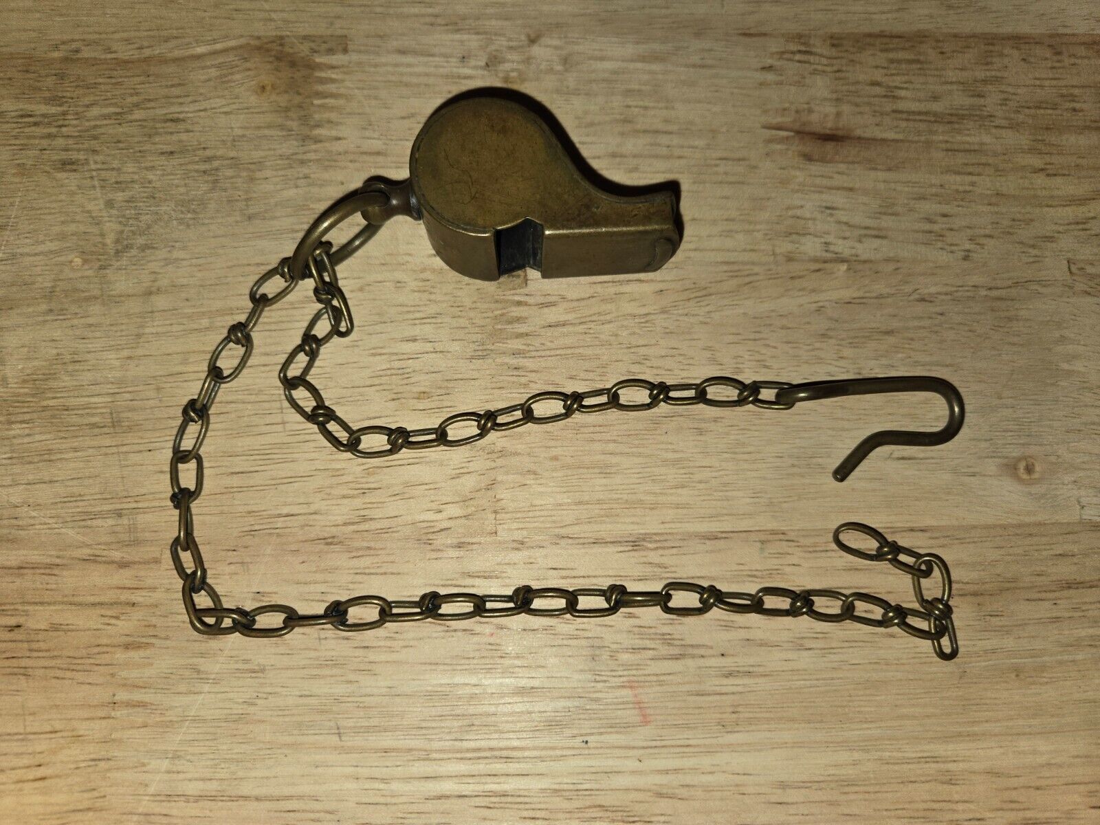 VERY OLD VTG BRASS UNMARKED WHISTLE & CHAIN POLICE? MILITARY? NO MARK. SOLID