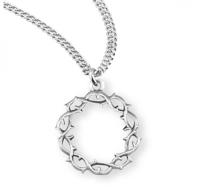 Crown of Thorns Sterling Silver Medal 0.9 Inch x 0.7 Inch Rhodium Plated Chain
