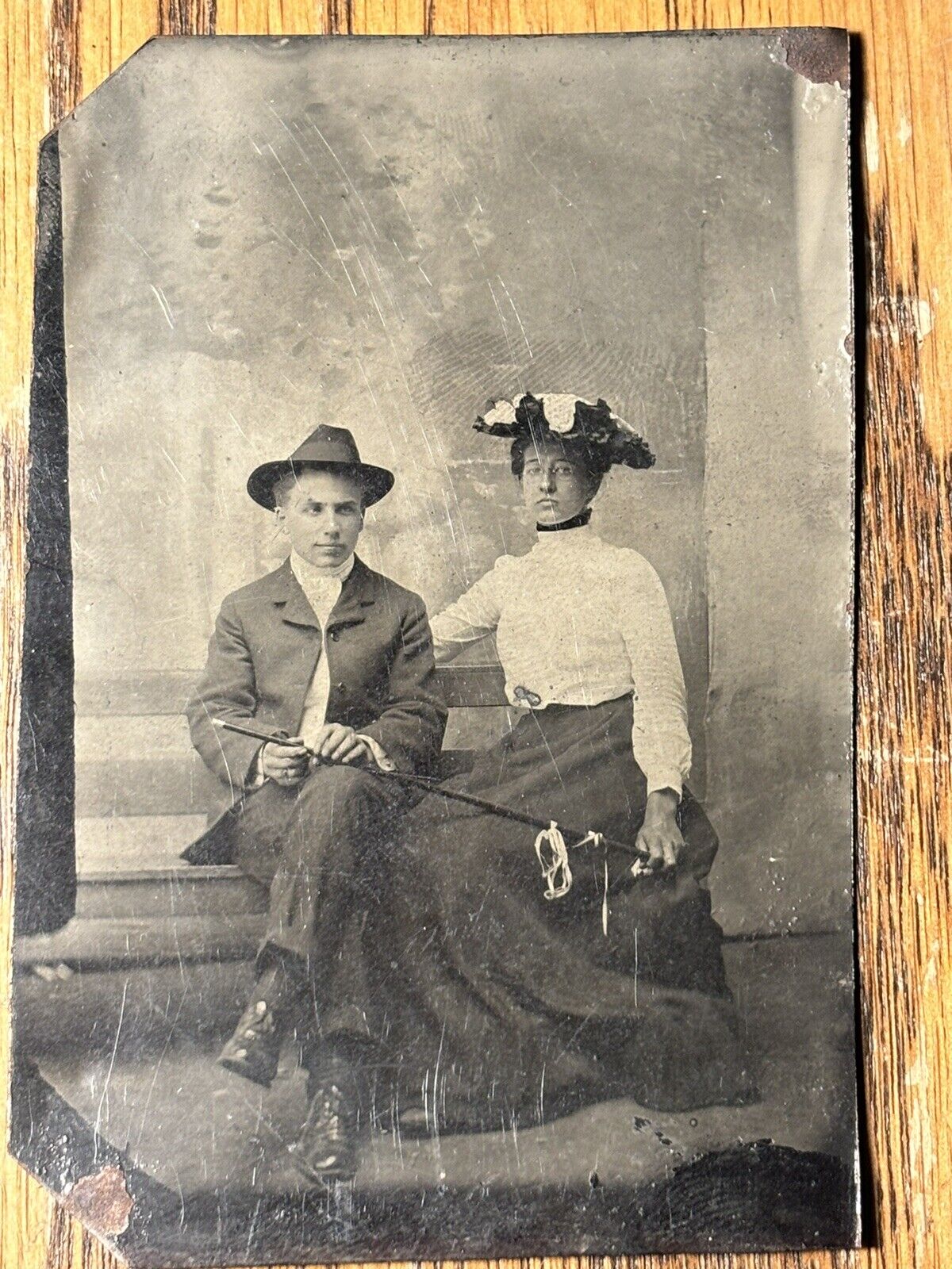 Antique 1870s Tintype Man Woman Horse Wagon Whip Stagecoach Hats
