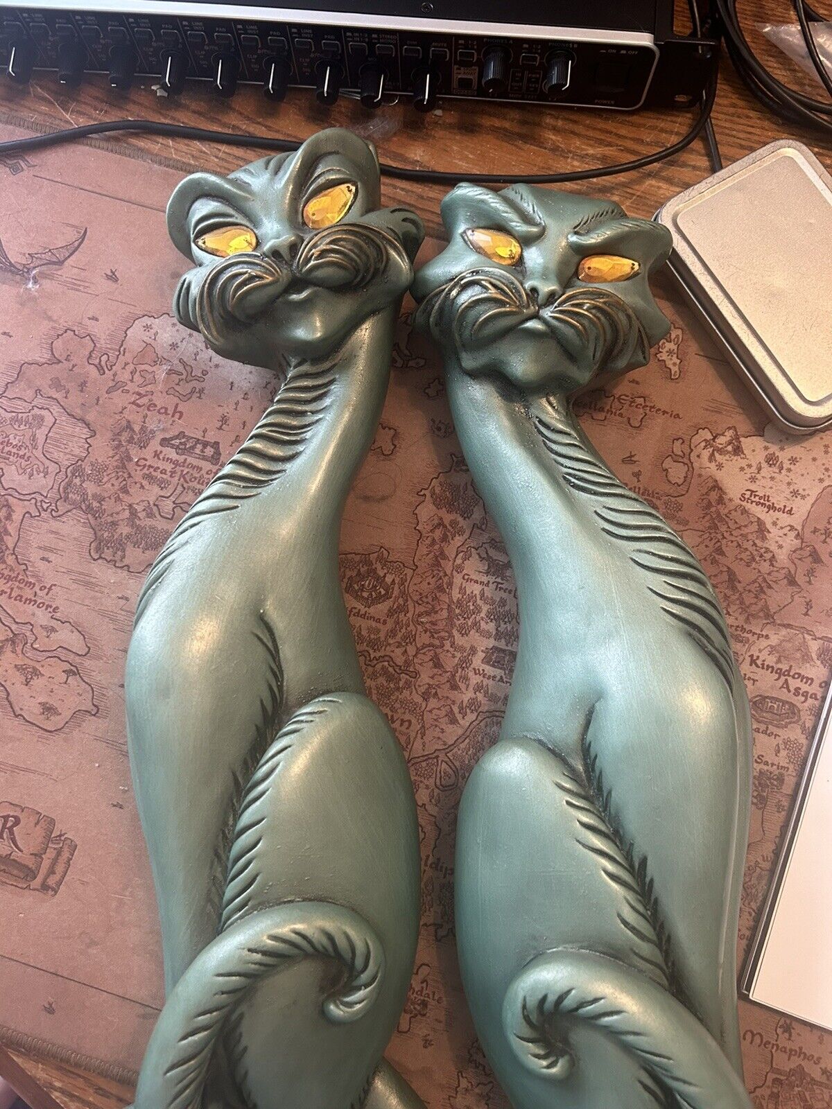 Pair Green Cat Gold Eyes Whiskers Wall Decor MCM Universal Statuary