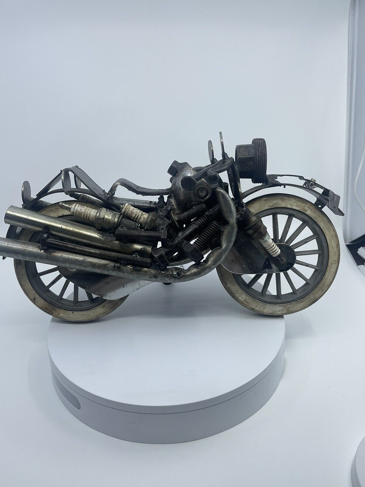 VTG  Crafted Metal Motorcycle Sculpture Folk Art Harley Davidson Spark Plug