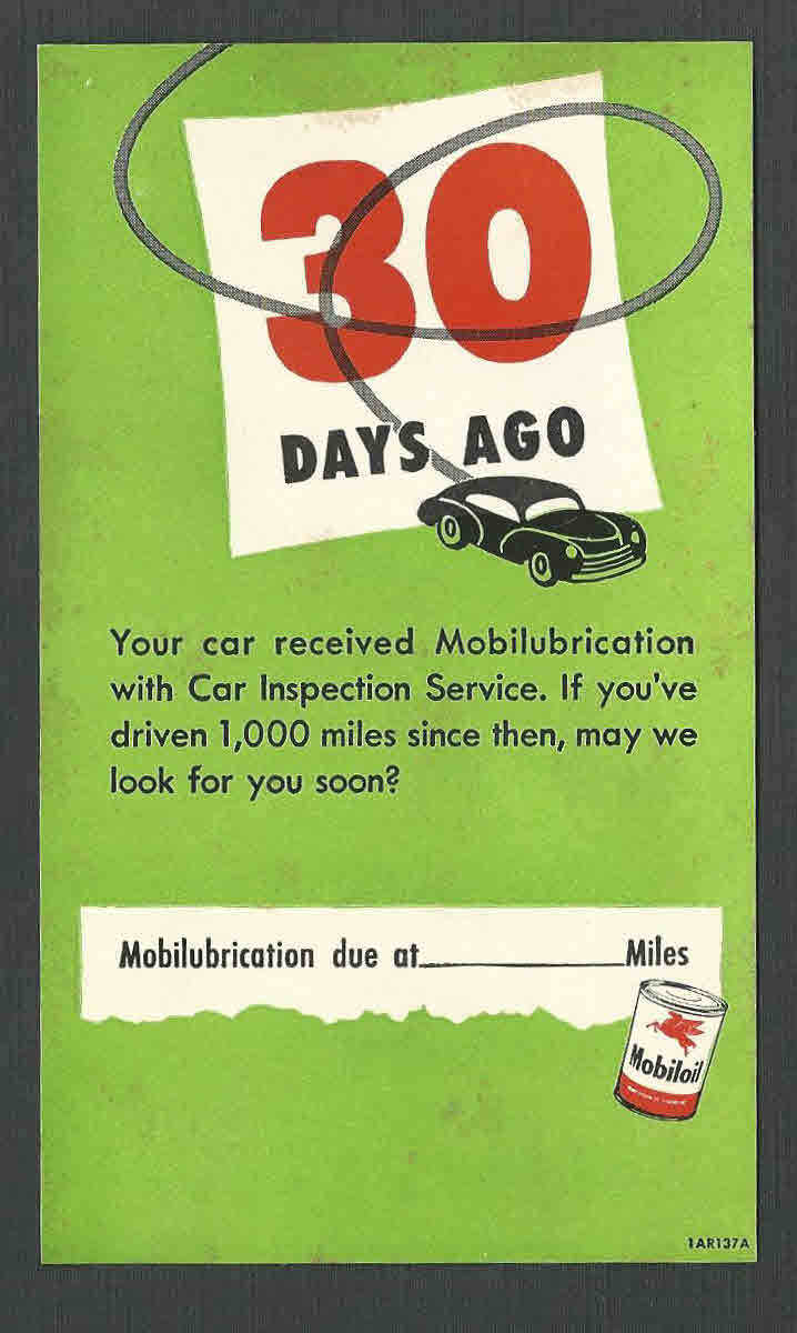 Ca 1948 REMINDER CARD FROM MOBILE AUTO SERVICE FOR 1,000 MILE CHECKUP, MINT 
