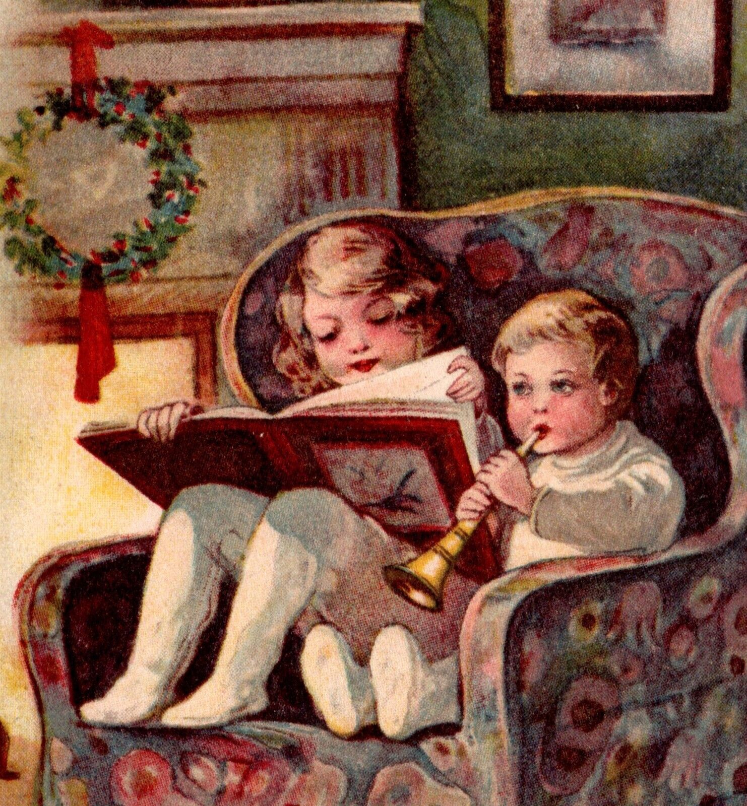 c1926 Postcard Christmas Children Chair Fireplace Toys Christmas Seal Winch Back