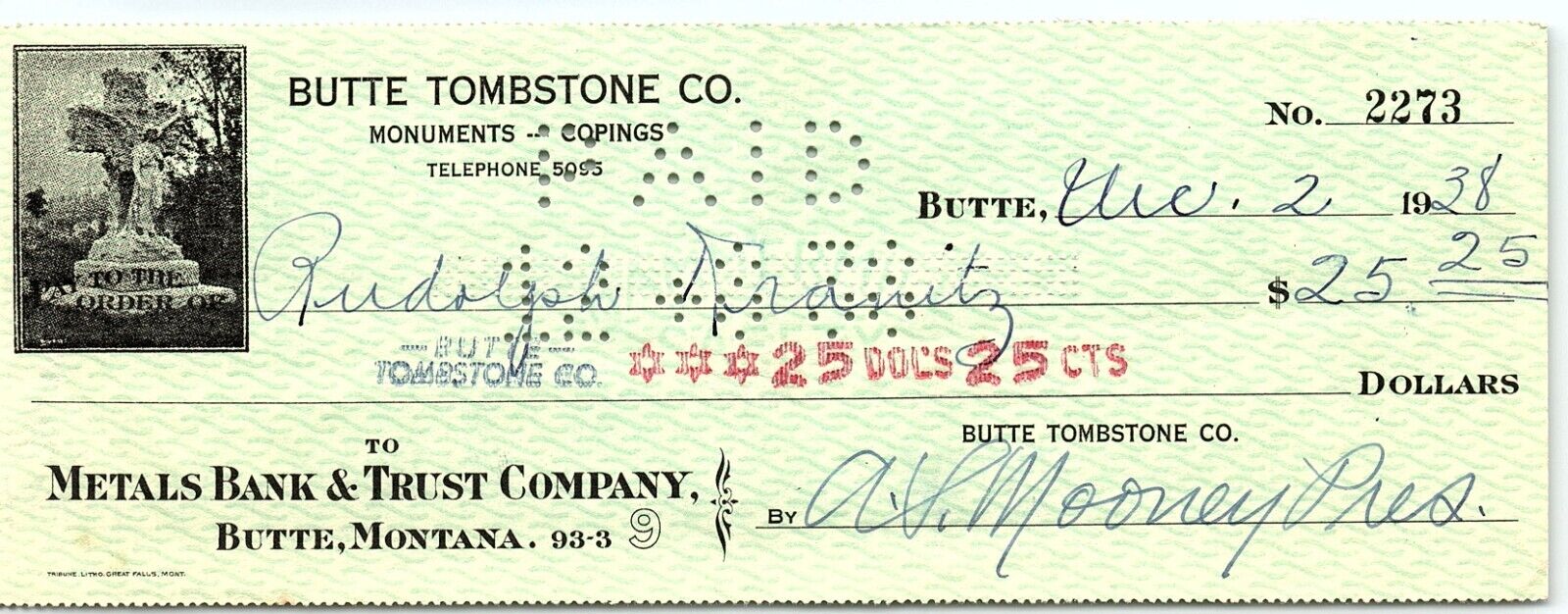 1938 BUTTE MONTANA BUTTE TOMBSTONE CO METALS BANK & TRUST COMPANY CHECK Z1637