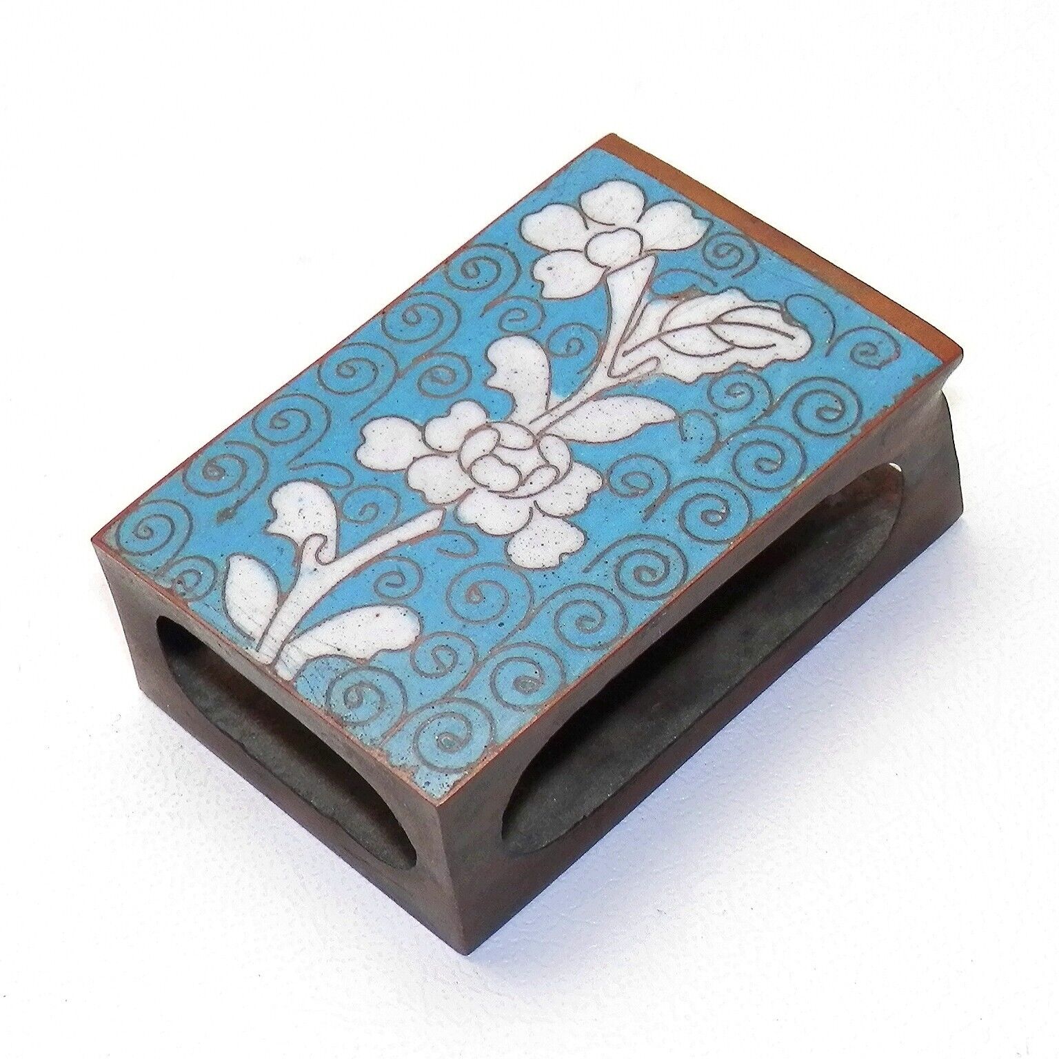 Vintage Cloisonne Blue & White Enamel Match Box Holder Flowers & Swirls on Brass