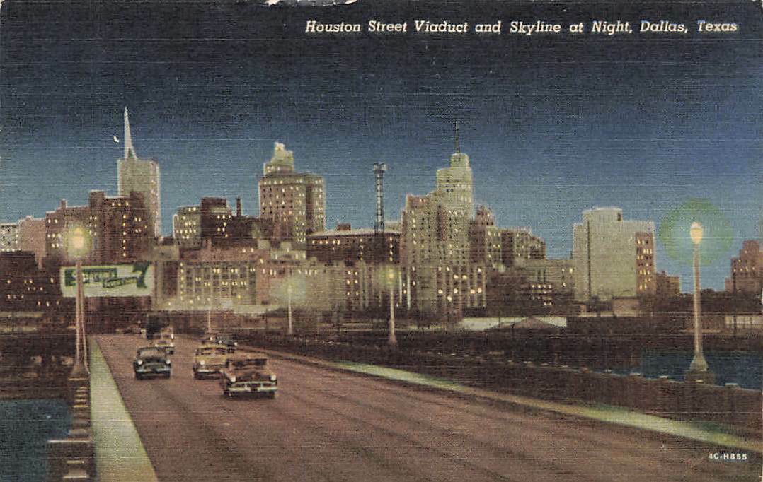 c1940s Houston Street Viaduct Skyline Night View Classic Cars Dallas Texas P260