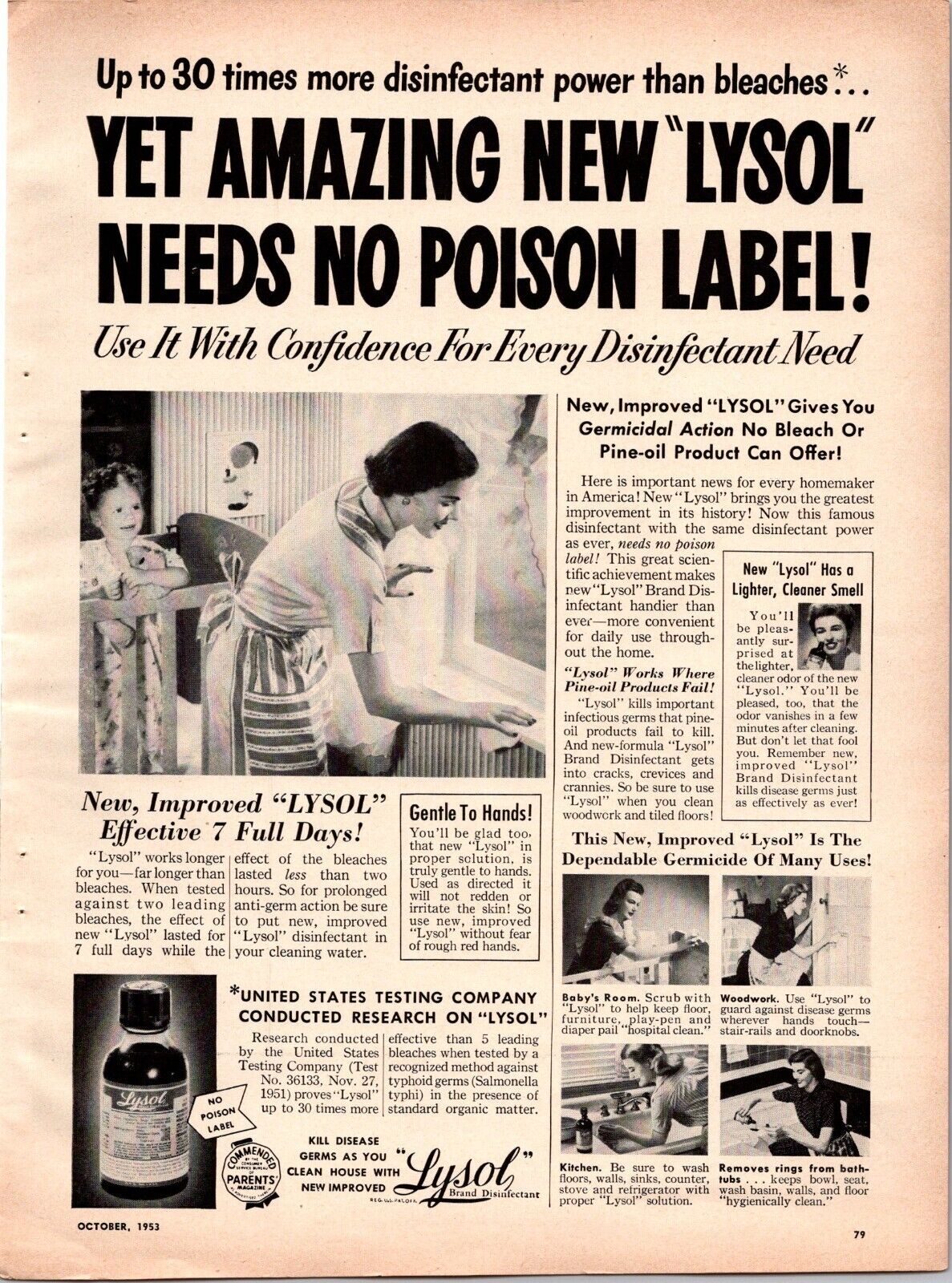 Amazing new Lysol Needs No Poison Label - Vintage 1950s Print Ad - B39