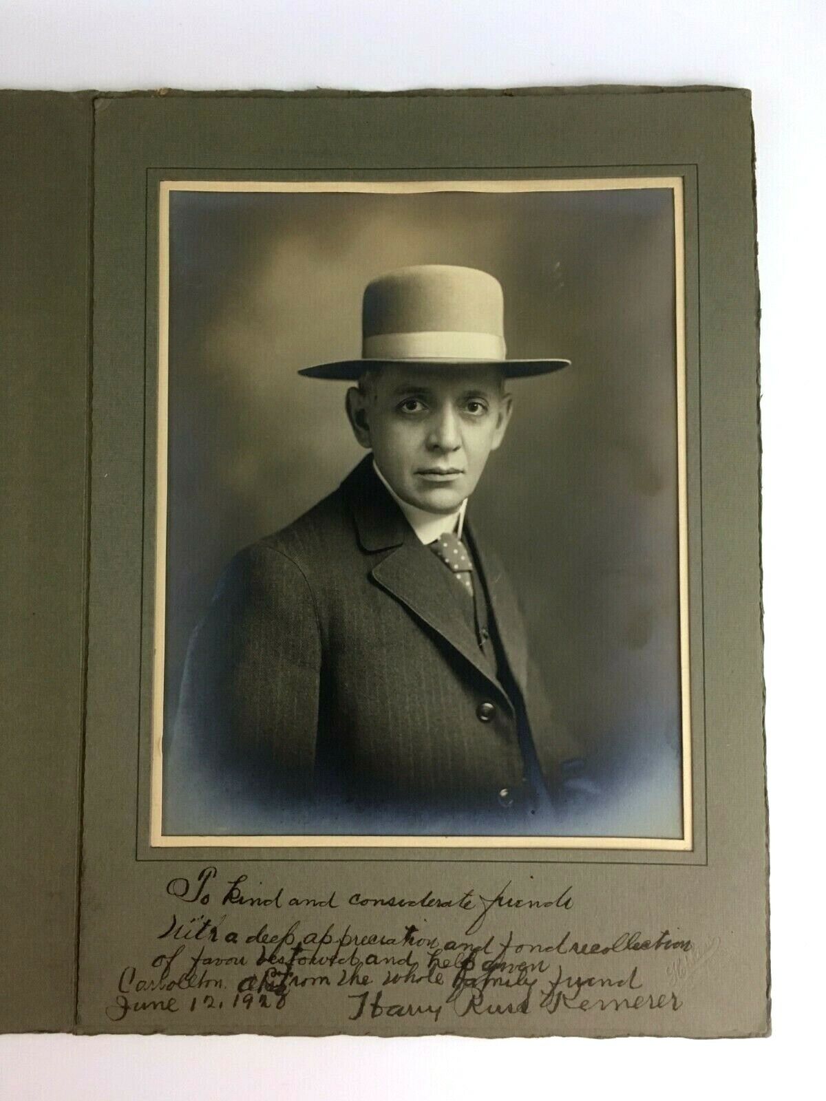 1928 Carrollton Ohio Signed Portrait Photo Hopkins Suit Wide Brim Felt Hat Vtg