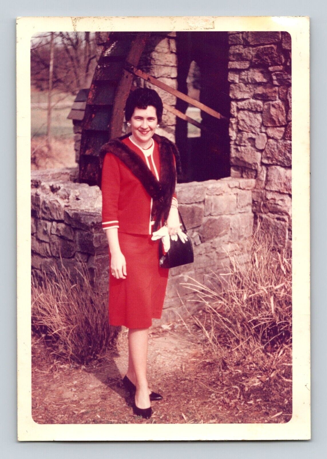 Vintage 1963 color photo Woman in Red Dress 3.5 x 5 inches