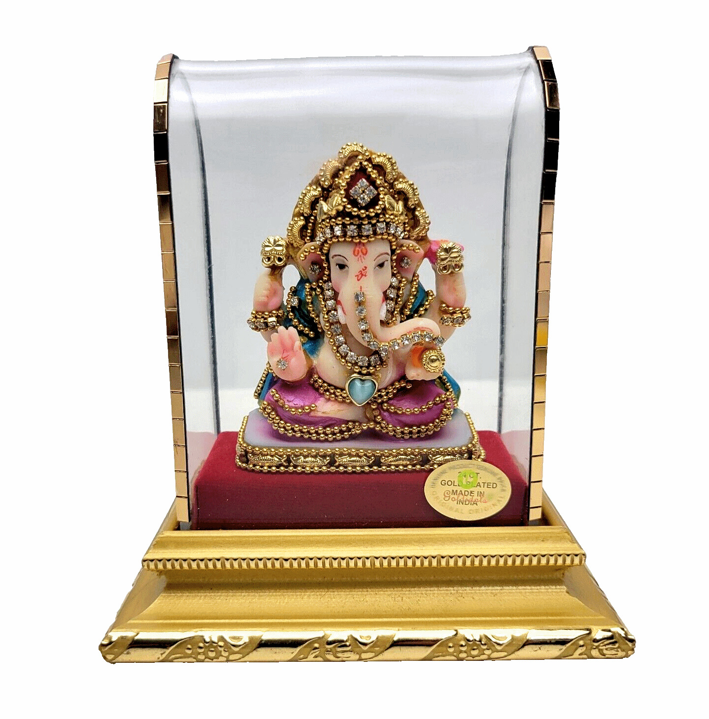 Ganesha 24K Gold Plated Ganesh Statue GoldIdols India Rhinestones & Display Case