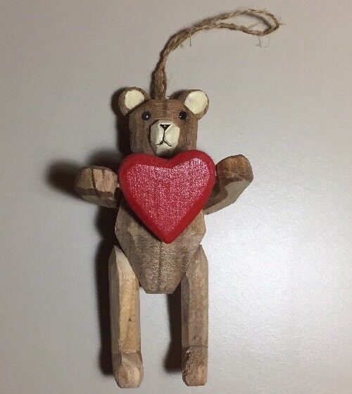 Vintage Folk Art Wooden Carved Painted Teddy Bear Holding Heart Ornament 6”