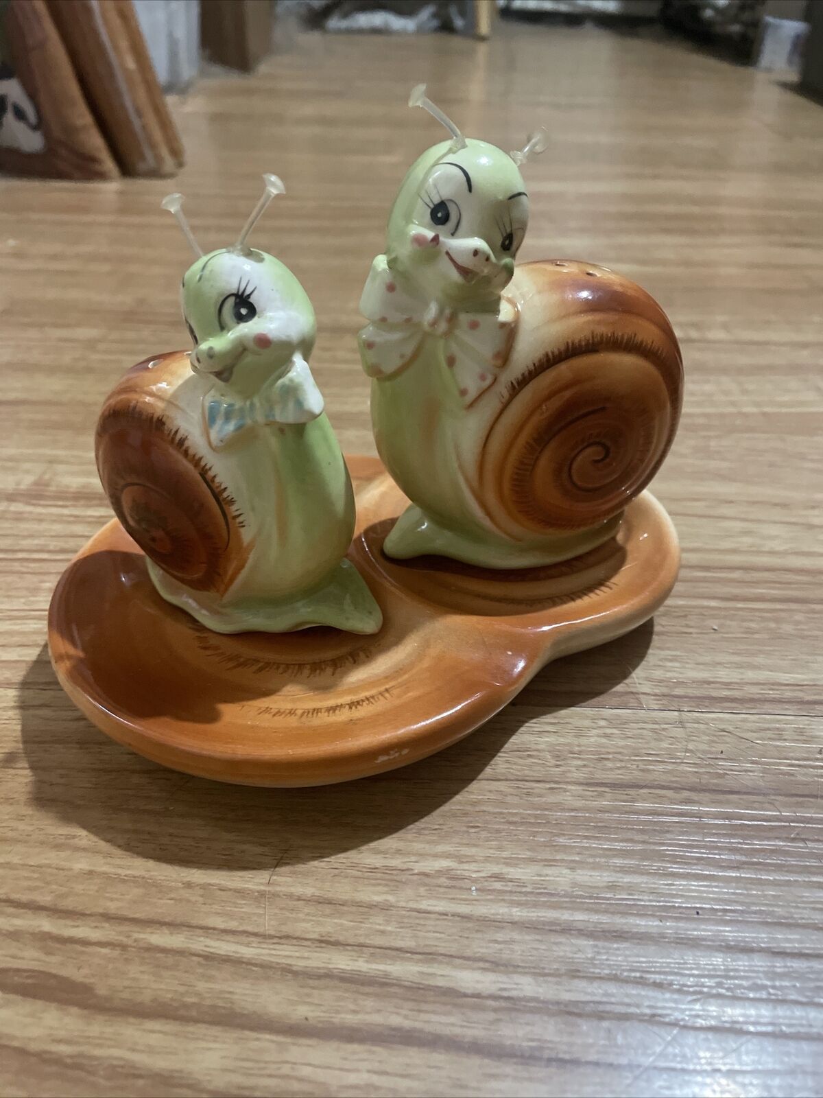 Vtg Enesco Snappy the Snail Shaker & 2 Spoon Rests Anthropomorphic Japan **READ