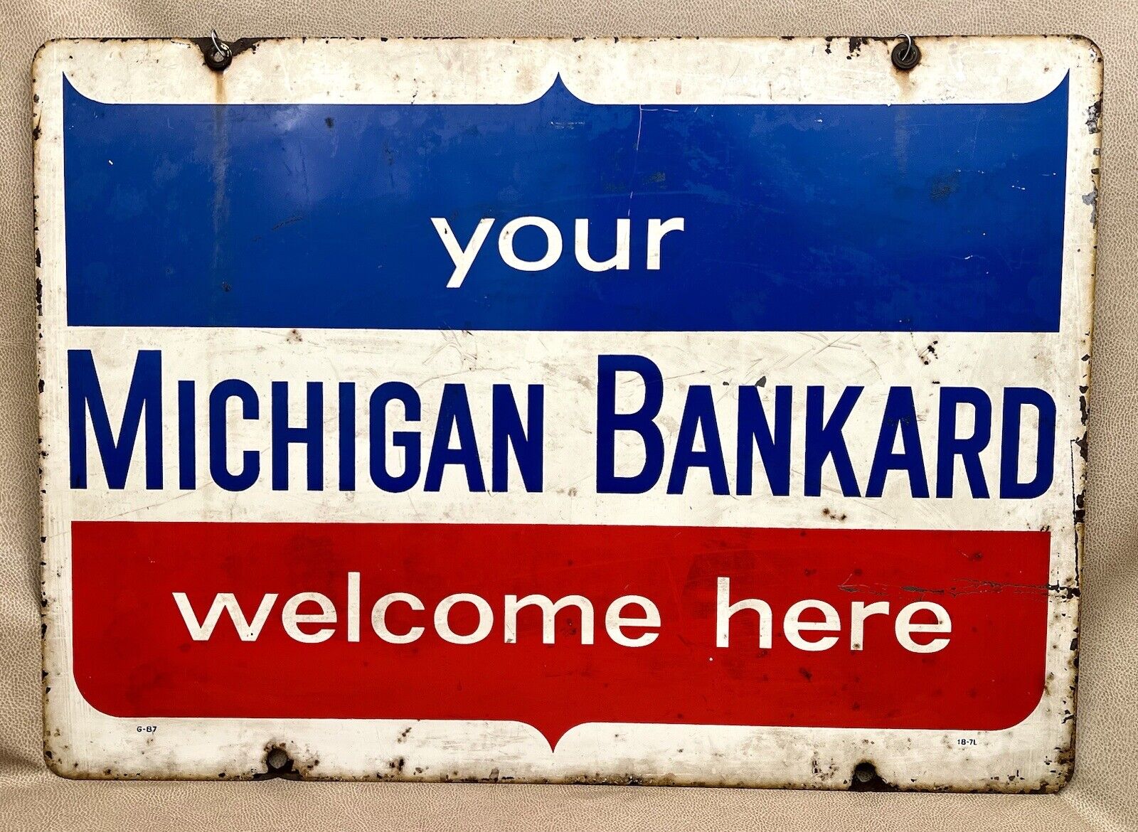 Large Vintage Michigan Bankard Double Sided Metal Sign - 28“ W x 20“ H
