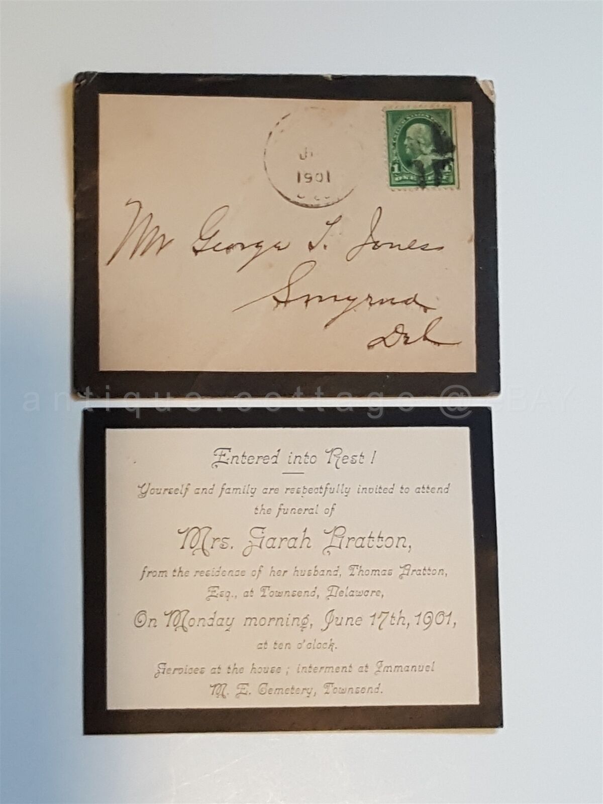 1901 antique DEATH CARD SARAH BRATTON townsend de COVER POSTAGE STAMP
