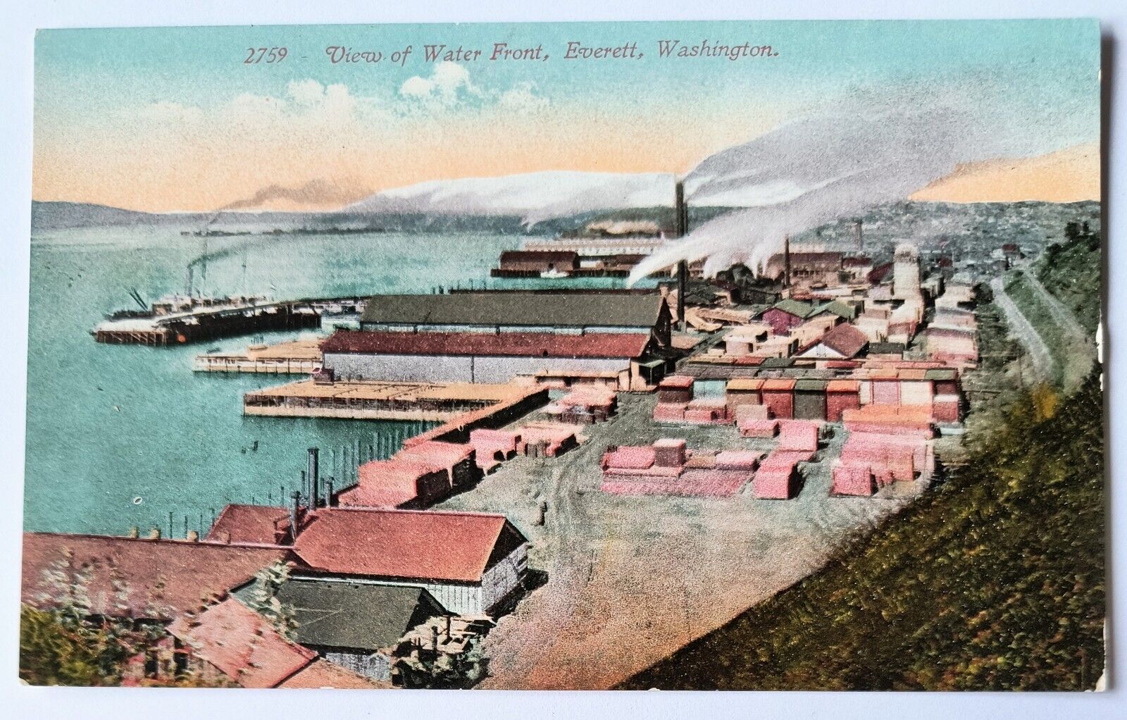 Everett WA Washington View of Water Front Docks Ships Smoke Stacks Postcard M6