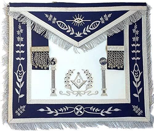 Navy Blue Apron Master Mason Square G & Pillars Freemasons Silver Fringe