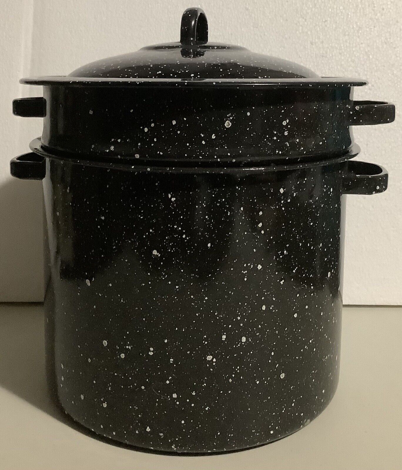 Vintage 1990’s Nesting Pot with Strainer Black Speckled Graniteware 7 Quart