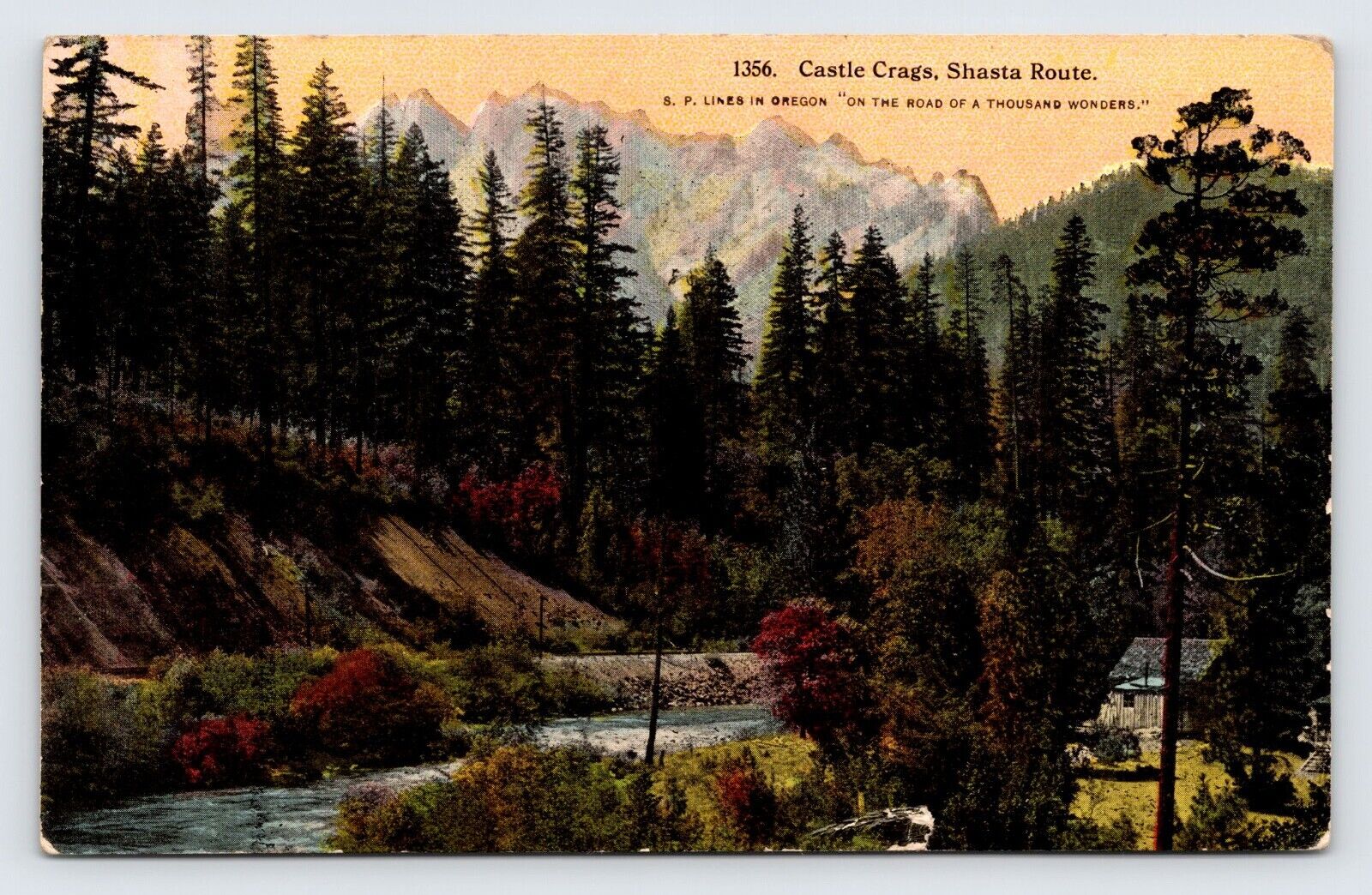 Castle Crags, Shasta Route, Oregon Scenery, Cabin, SP Lines, Postcard c1910s  P8