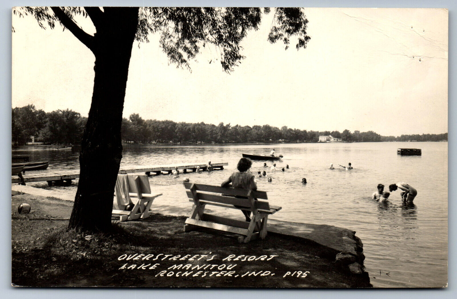 Postcard Indiana IN RPPC Swimming Overstreet\'s Resort lake Manitou Rochester Y2