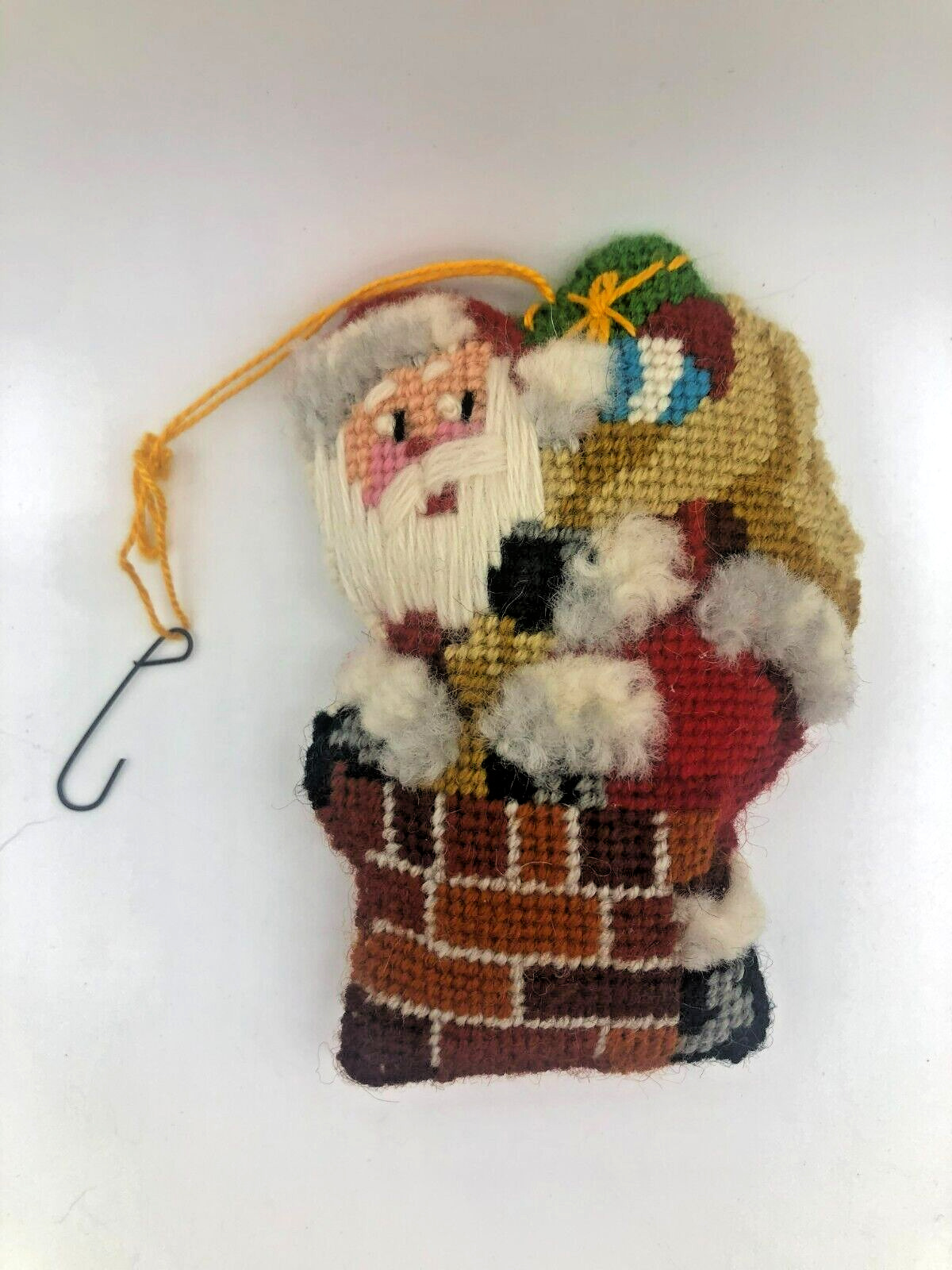 Vintage 1982 3D Needlepoint Christmas Ornament Santa Claus on Chimney Toy Bag 5\