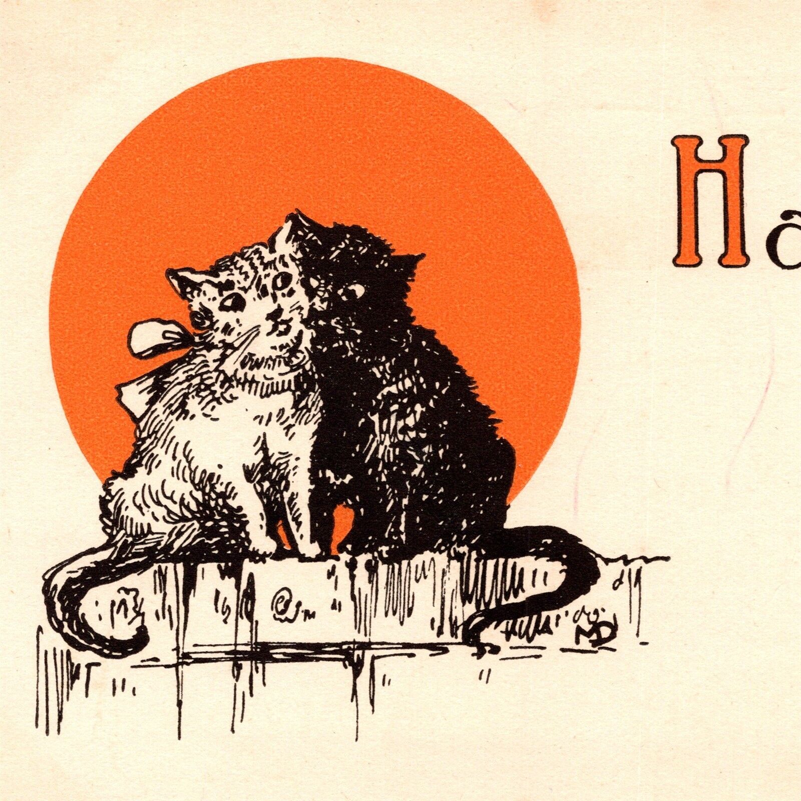 Halloween Two Cats In Front Of Orange Moon Gibson Art c1913 Postcard