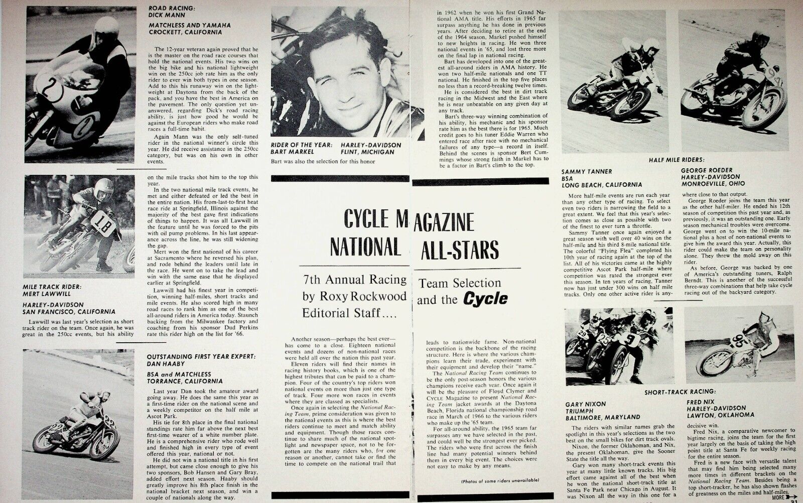 1966 Motorcycle Racing Champion All Stars - 3-Page Vintage Article